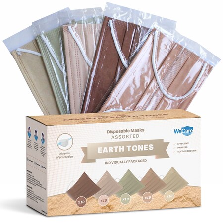 Wecare Disposable Face Mask, 3, Earth Tones, 50 PK WC-WMN100090-FACE-MASKS-ASTD-NEU